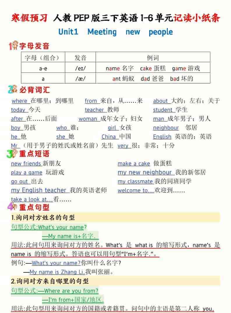 三年级下英语寒假预习1-6单元记读小纸条人教版PEP-教学网