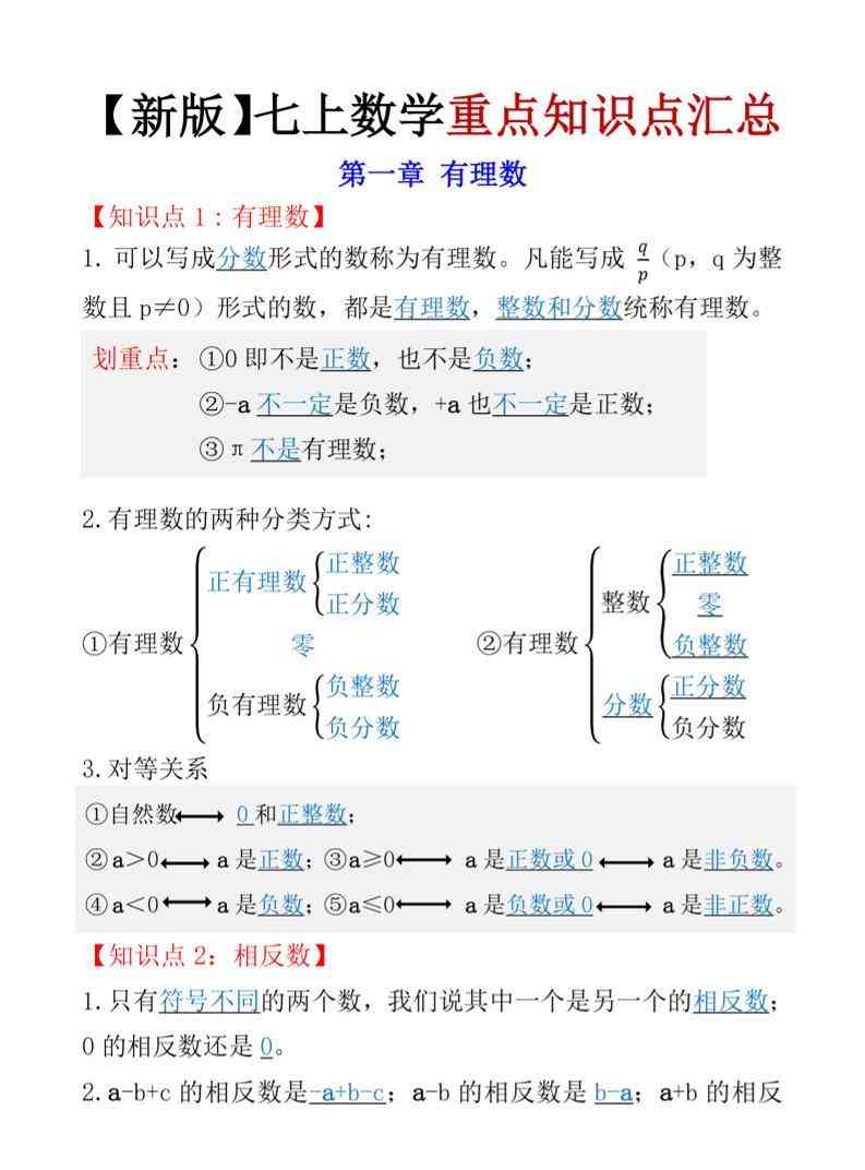 七年级上数学知识点总结（人教版）-教学网