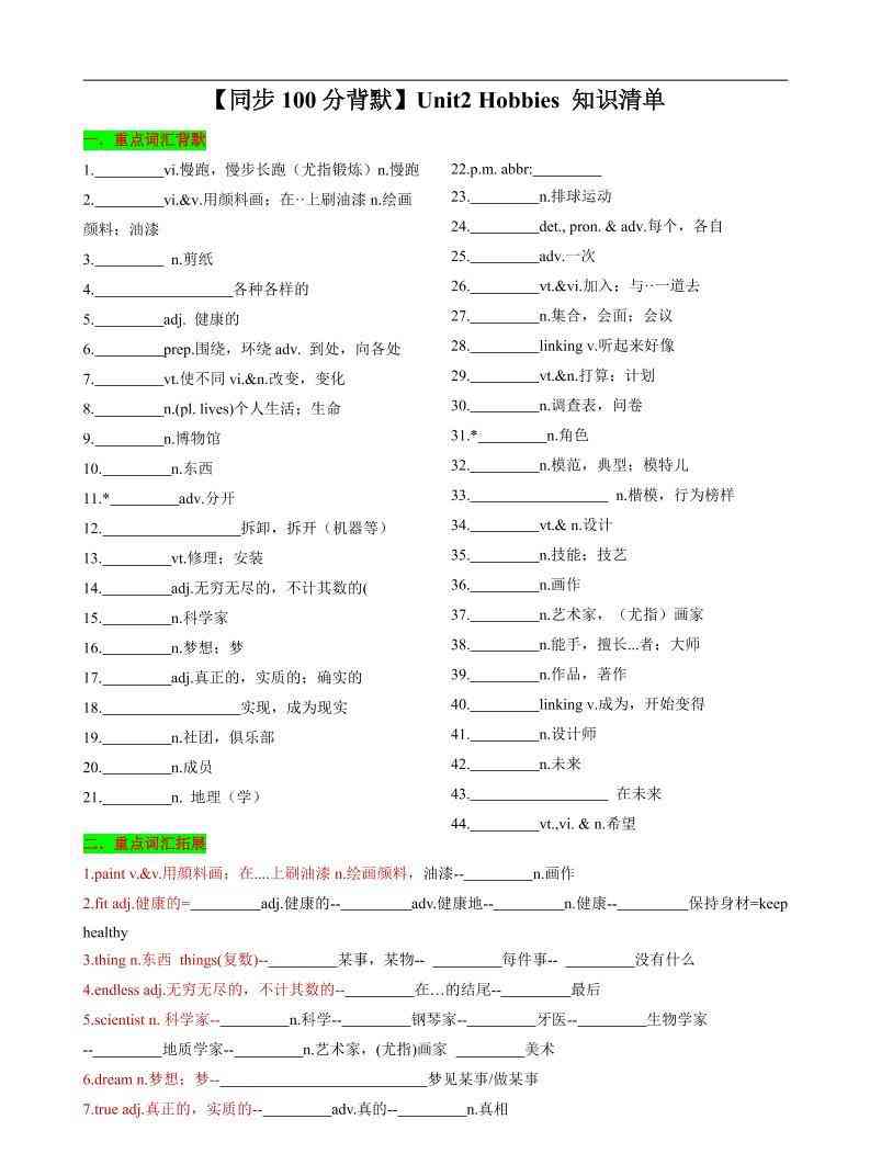 七年级上英语Unit2知识清单背默-教学网