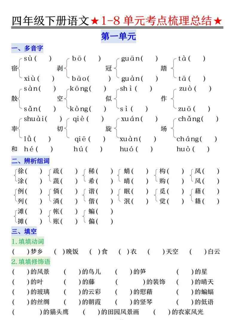 26春四年级下语文1-8单元知识复习要点-教学网