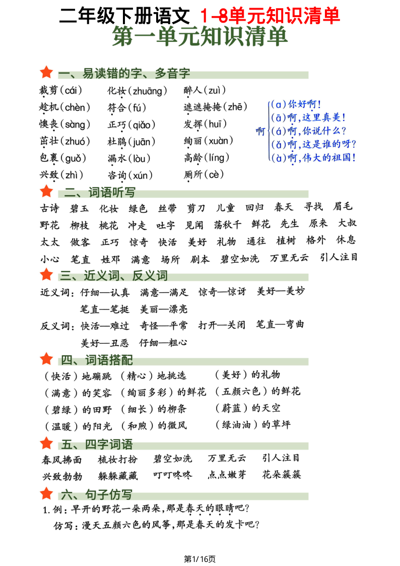 二年级（下）语文 2026春1-8单元知识清单-学霸教学网