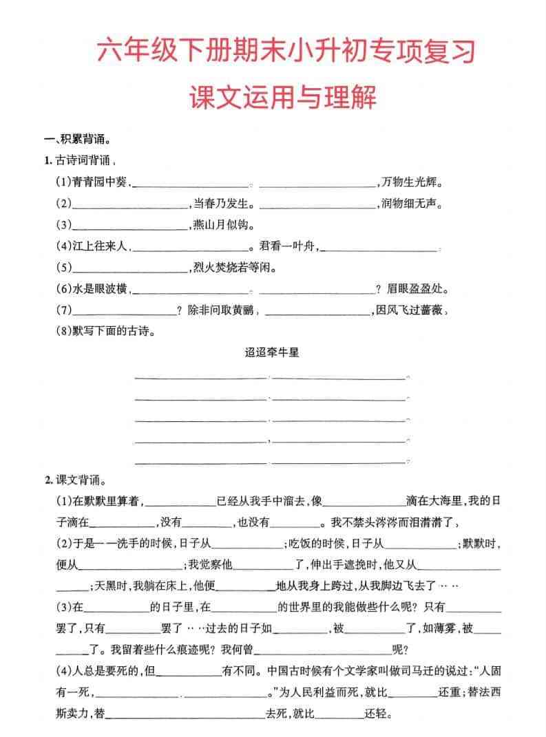 六年级下语文小升初课文运用与理解专项练习-教学网