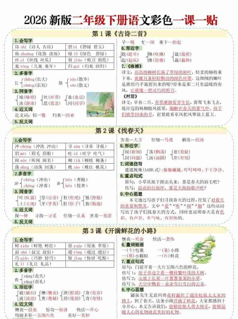 二年级下语文【彩色重点一课一贴】-教学网