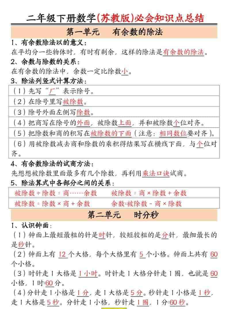 二年级下数学必会知识汇总苏教版-教学网