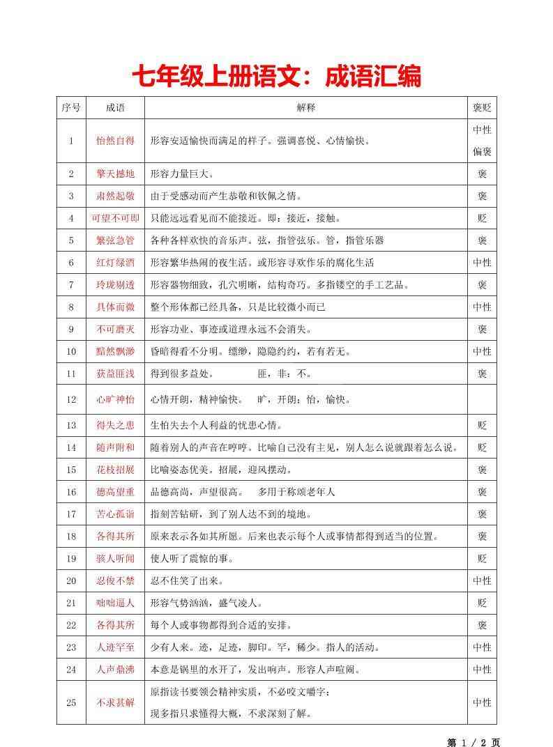 七年级上语文成语汇编-教学网