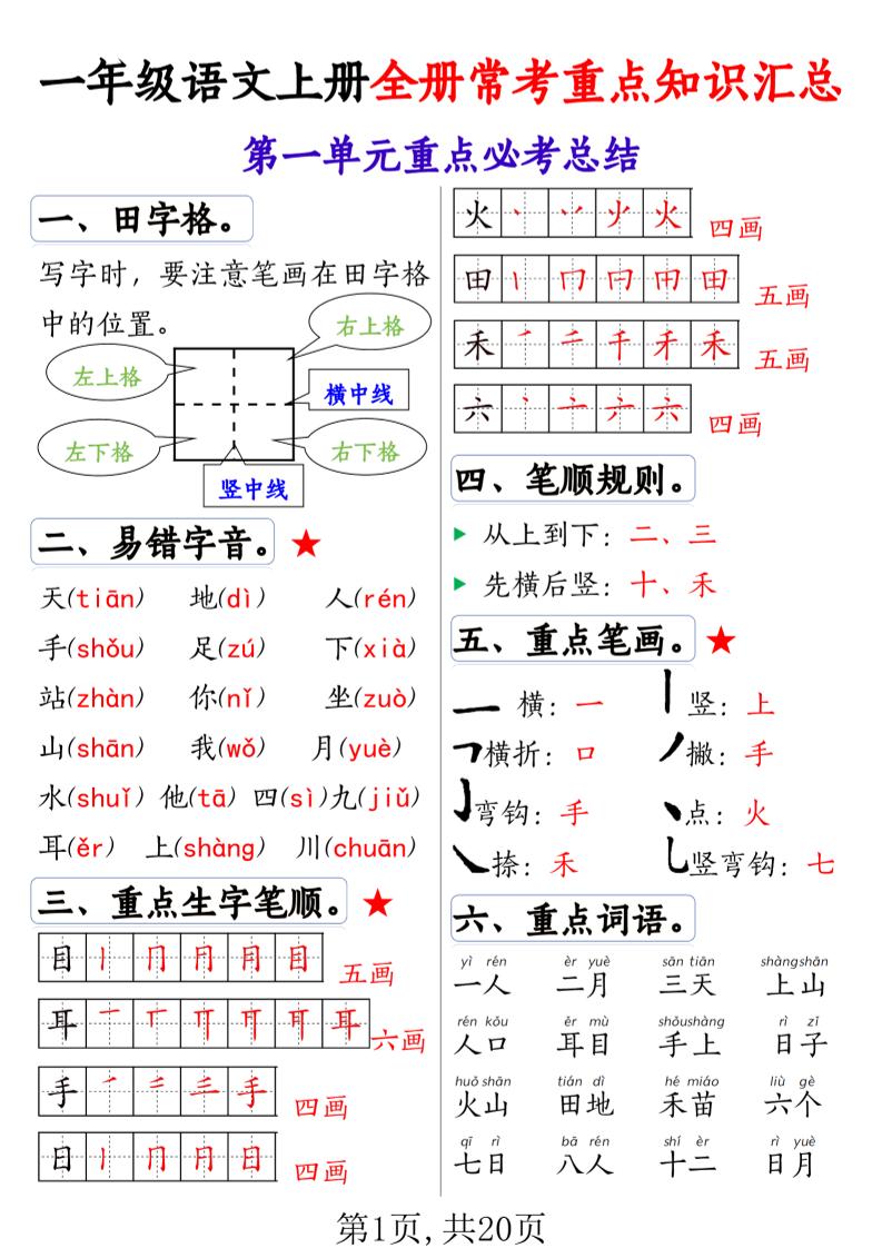 一上语文全册1-8单元常考重点知识汇总20页-教学网