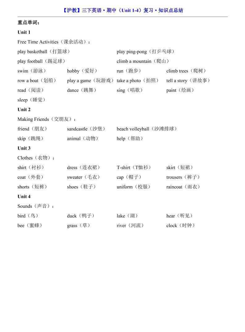 三年级下英语期中复习知识点沪教版-学霸教学网