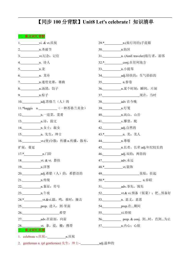 七年级上英语Unit8知识清单背默-教学网