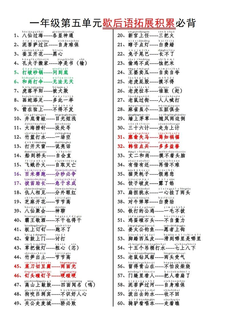 一下语文【歇后语拓展积累】第五单元-教学网