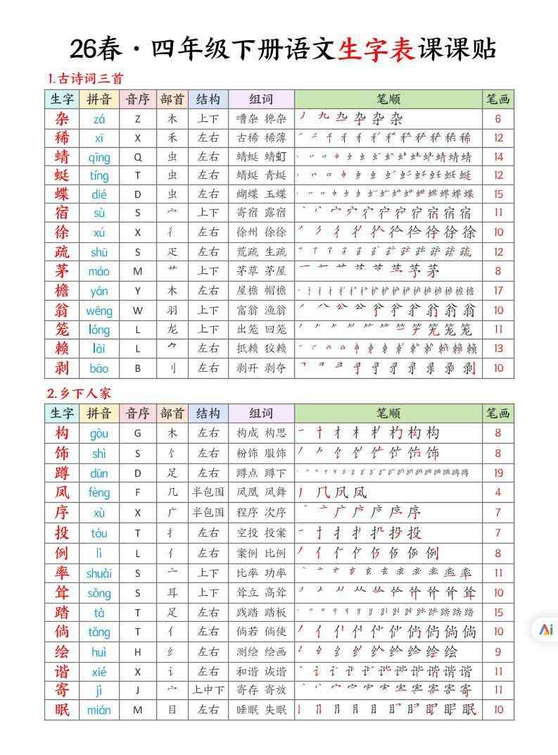 26春四下语文生字表课课贴10页-教学网