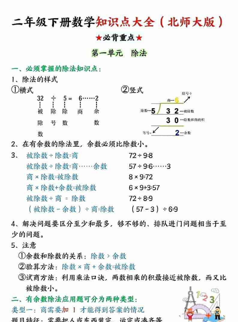 二年级下数学知识点大全.北师版-教学网