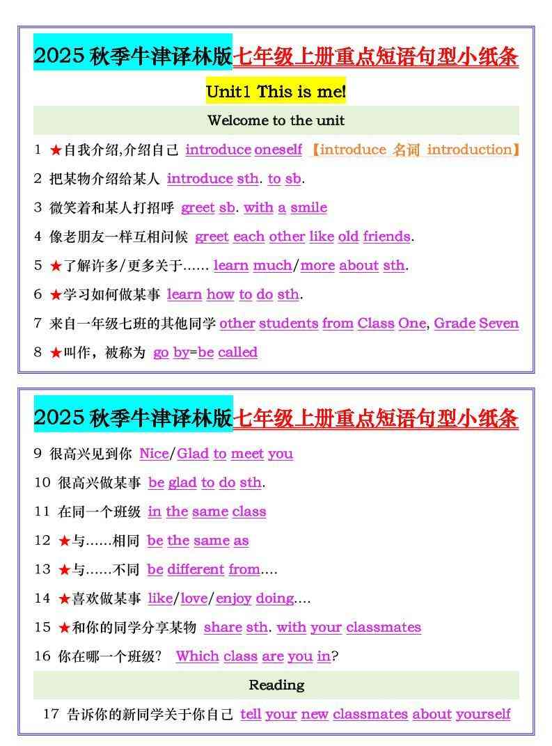 七年级上英语重点短语句型小纸条（牛津译林版）-教学网
