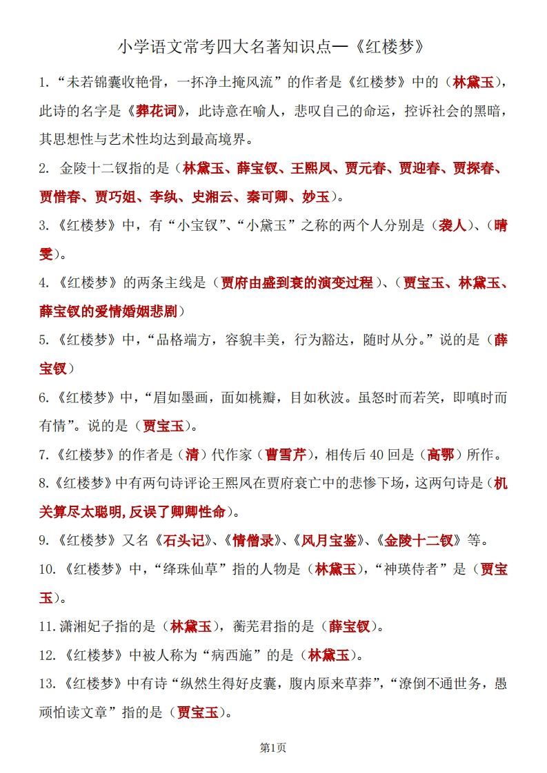 四大名著知识点汇总之《红楼梦》-教学网