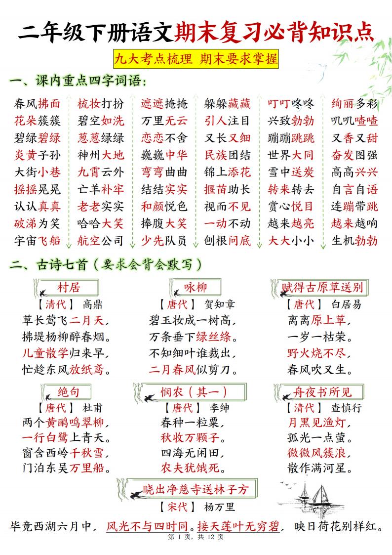 二下语文期末复习必背知识点九大考点梳理12页-教学网
