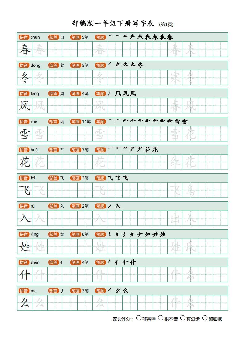 一年级语文下册写字表(笔顺)(20页)PDF(部编版)-教学网