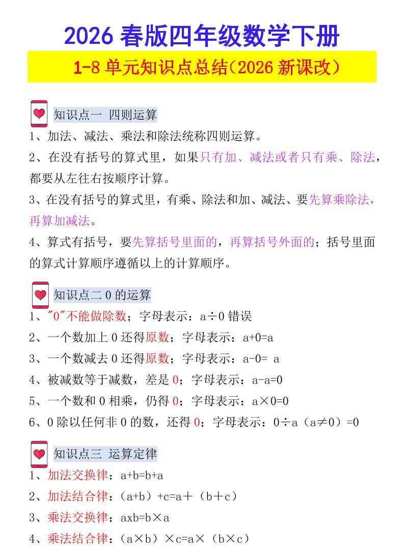 2026春新版四年级下数学1-8单元知识点总结人教版-教学网