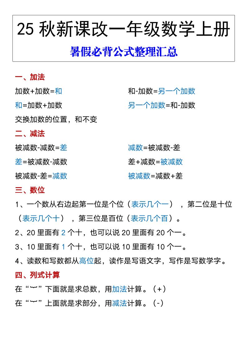 【2025秋新版】一年级数学上册暑假必背公式整理汇总-教学网