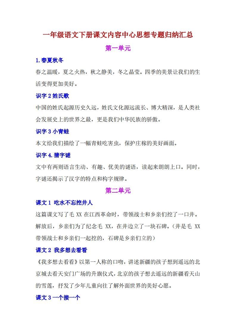 一年级语文下册课文内容中心思想专题归纳汇总-教学网
