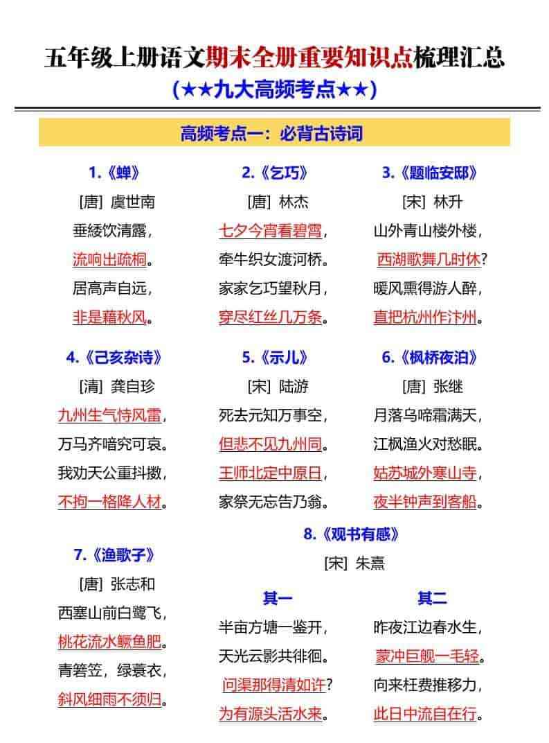 G五年级上册语文期末全册重要知识点梳理汇总-教学网