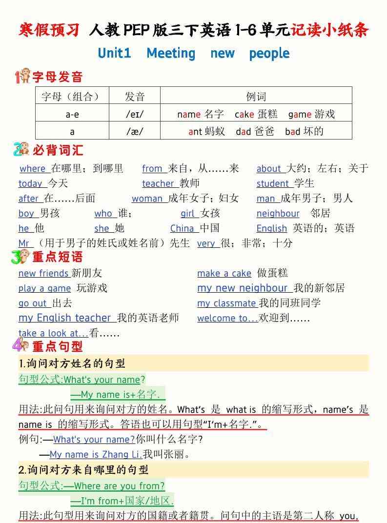 寒假预习三下人教PEP版英语1-6单元记读小纸条(12页）-教学网