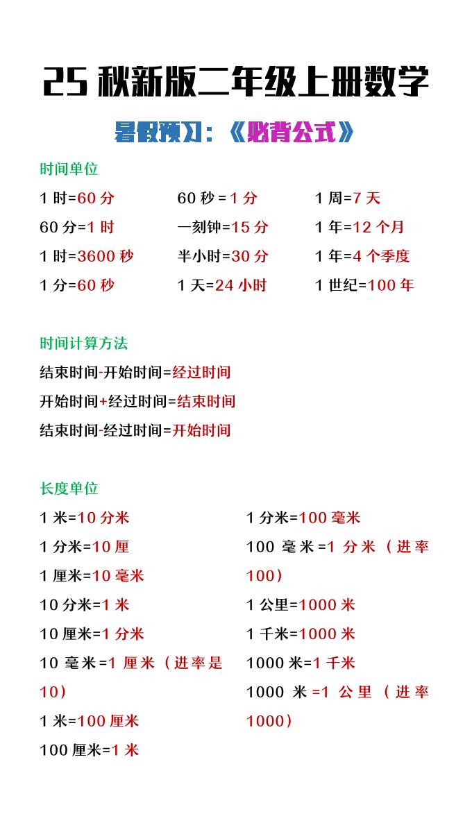 【2025秋新版】二年级上册数学暑假必背公式-教学网