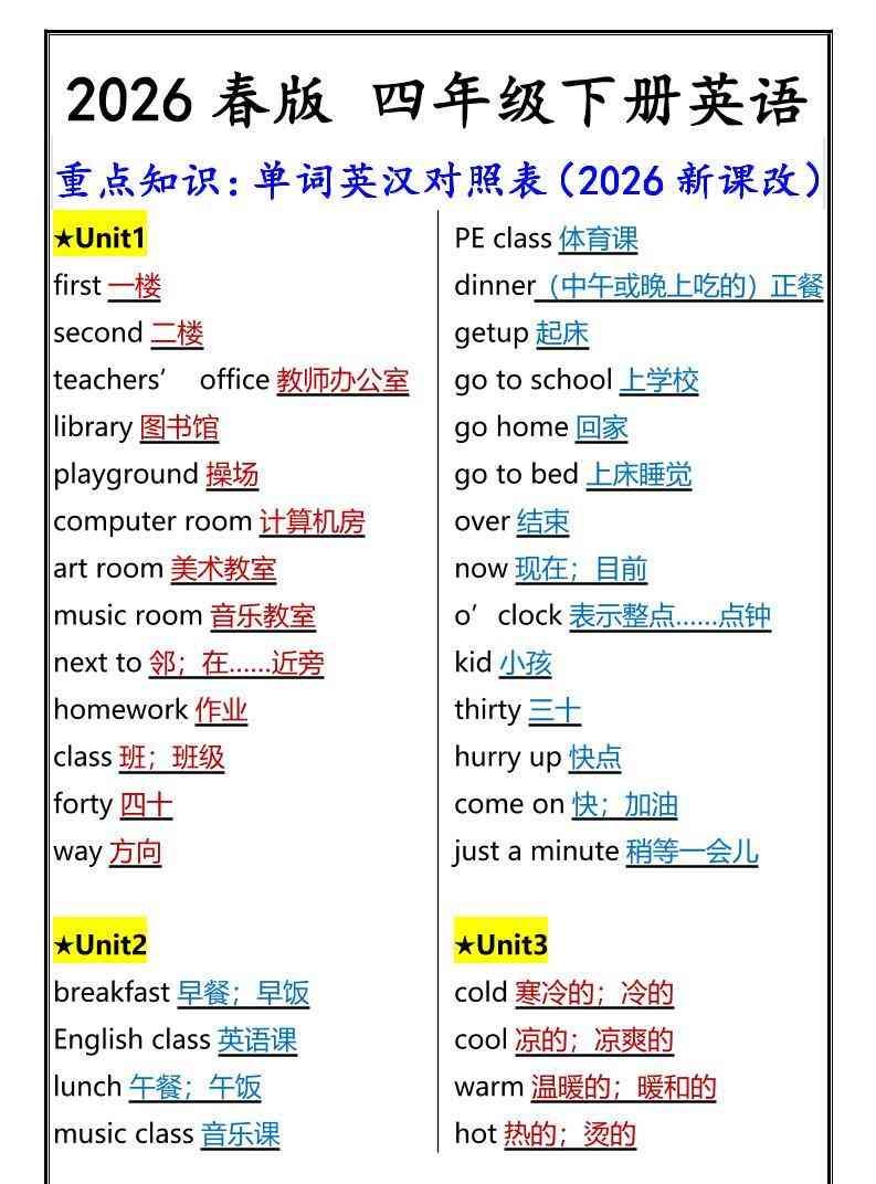 2026春新版四年级下英语重点知识：单词英汉对照表人教版PEP-教学网