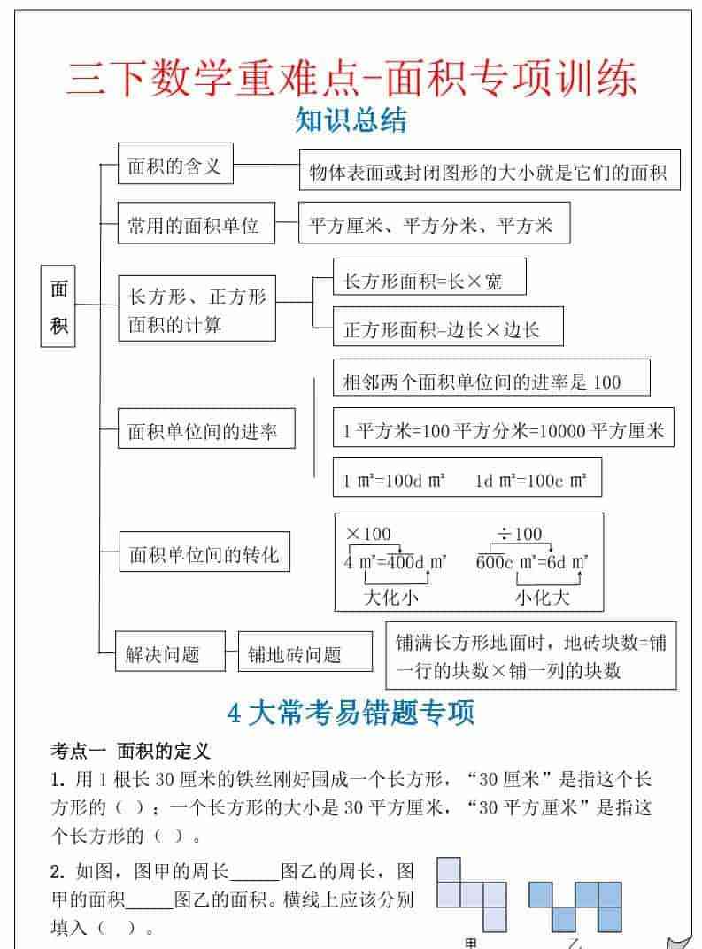 三年级下数学重难点-面积专项训练-教学网