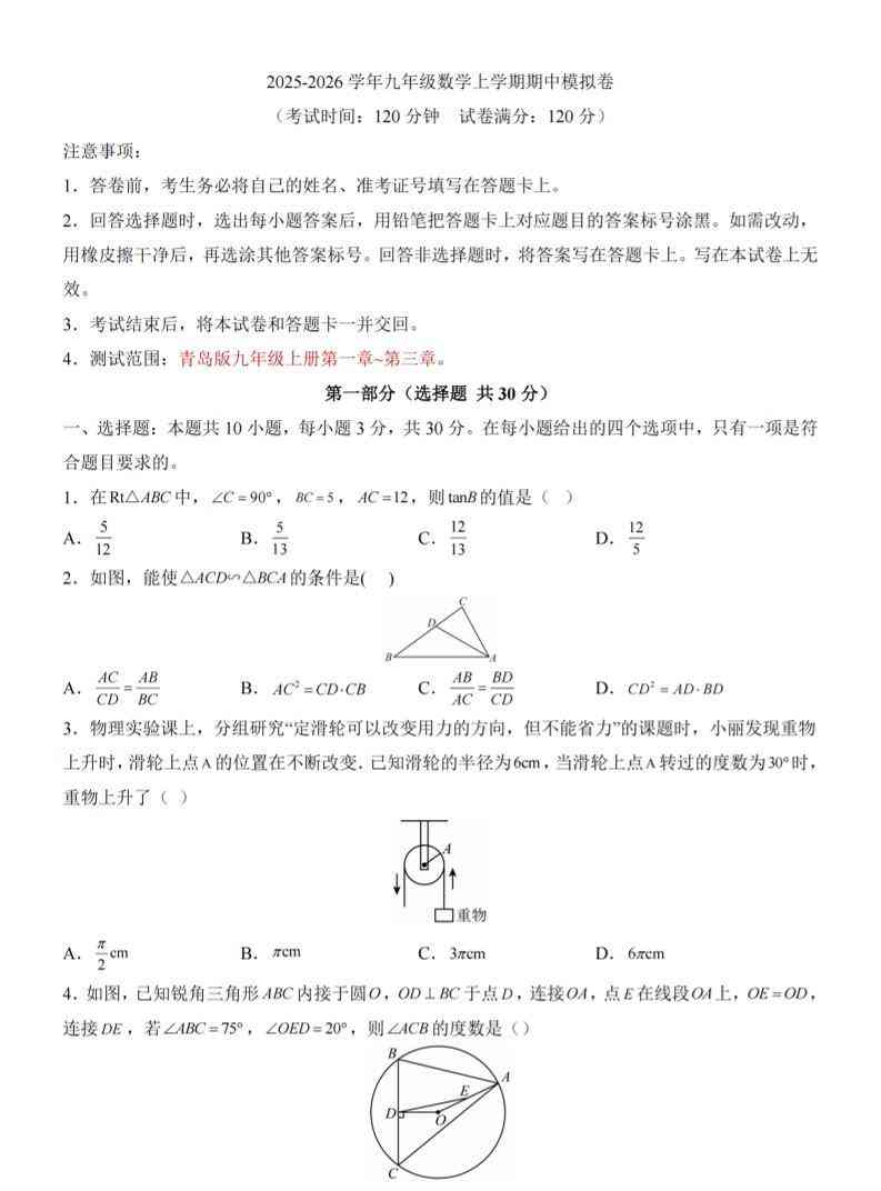 九年级上数学期中模拟卷（青岛版）-教学网