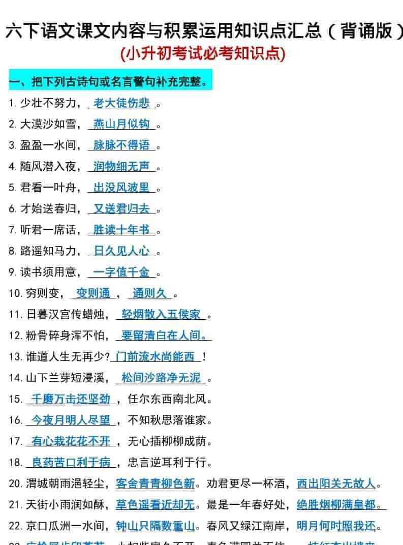 六年级下语文小升初期末必考知识点-教学网