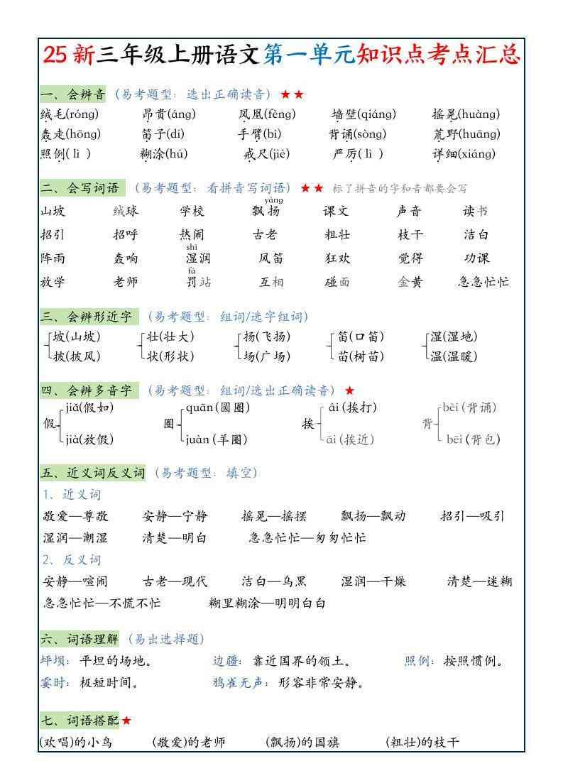 25新三年级上语文1-8单元知识点考点汇总-教学网