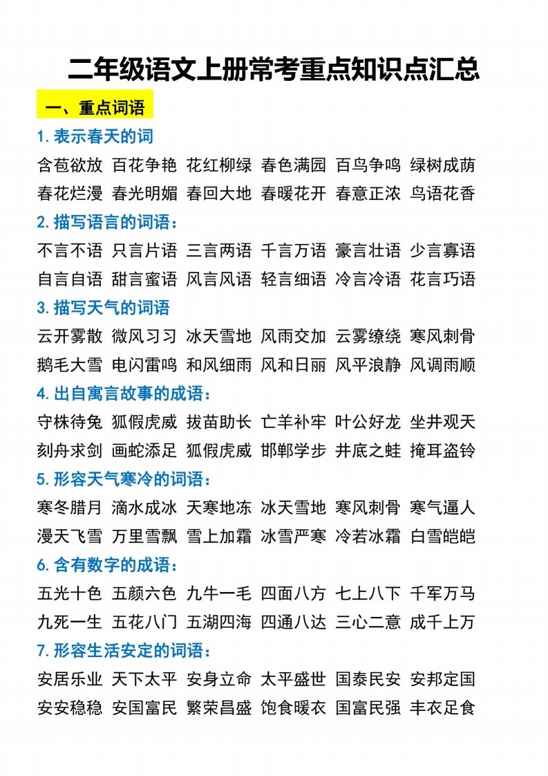 二（上）语文常考重点知识点汇总.期末复习-教学网