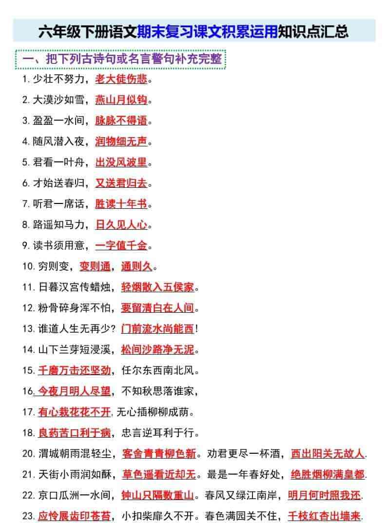 六年级下语文期末复习课文积累运用知识点汇总-教学网