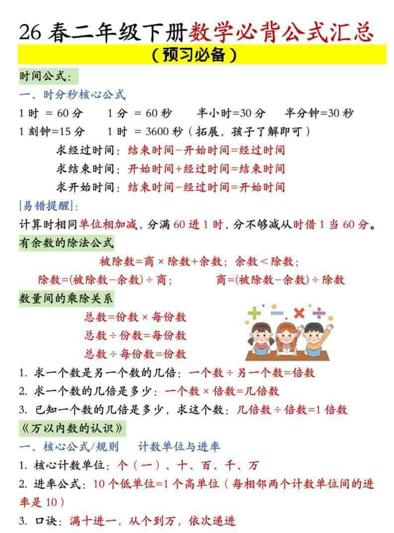 二年级下数学必背公式汇总人教版-教学网