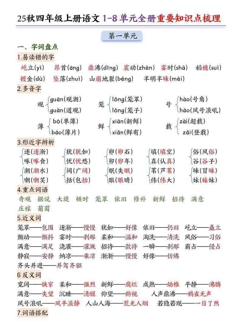 25秋四上语文1-8单元全册重要知识点梳理（24页）-教学网