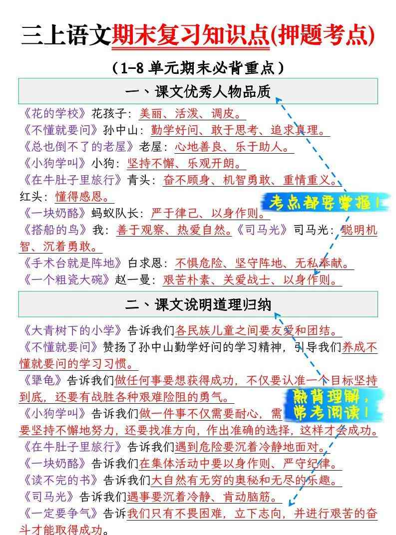 三年级上语文期末复习知识点(押题考点)-教学网