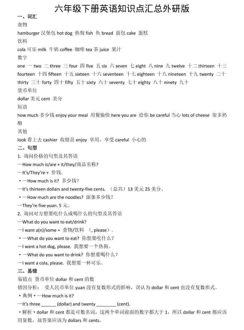 六年级下英语知识点汇总外研版-教学网