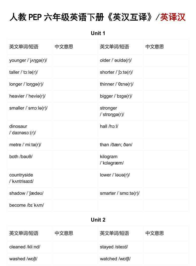六年级下英语英汉互译练习人教版PEP-教学网