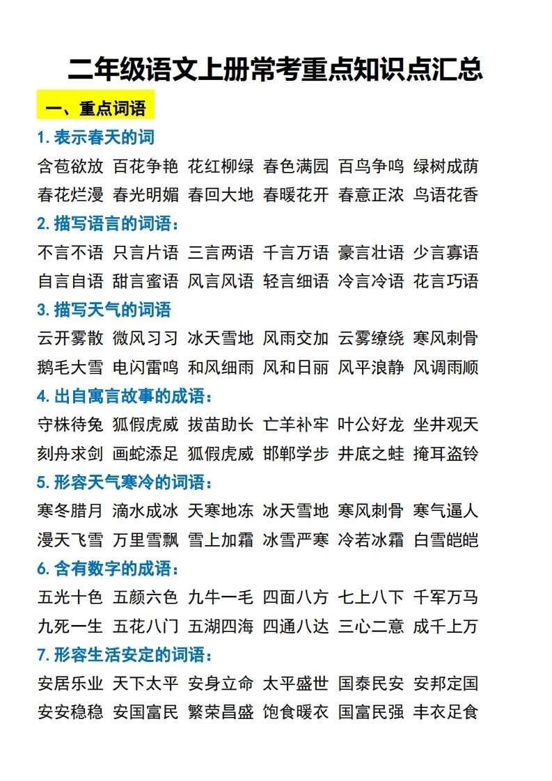 二年级语文上册常考重点知识点汇总必背-教学网