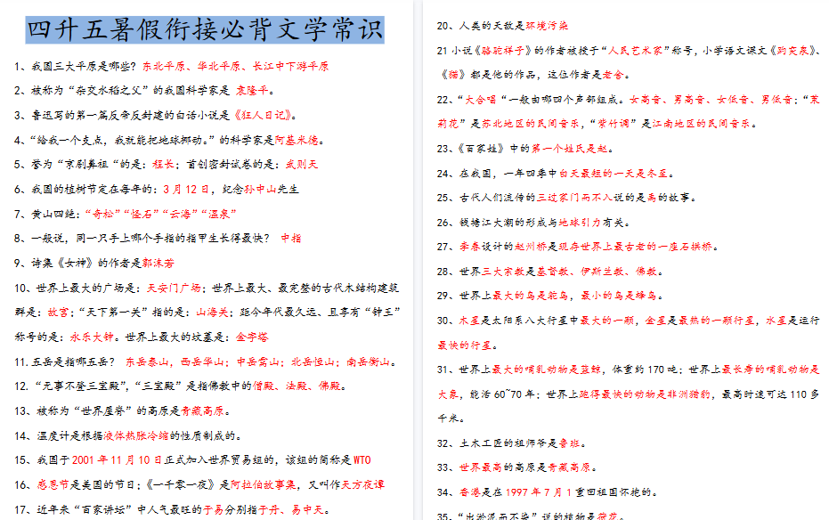【3页高清完整版】《四升五暑假衔接必背文学常识》五年级上册语文-教学网