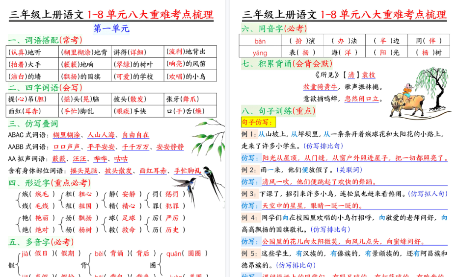 【16页高清完整版】三上册语文1-8单元八大重难考点梳理-免费学习资料下载 - 开学吧