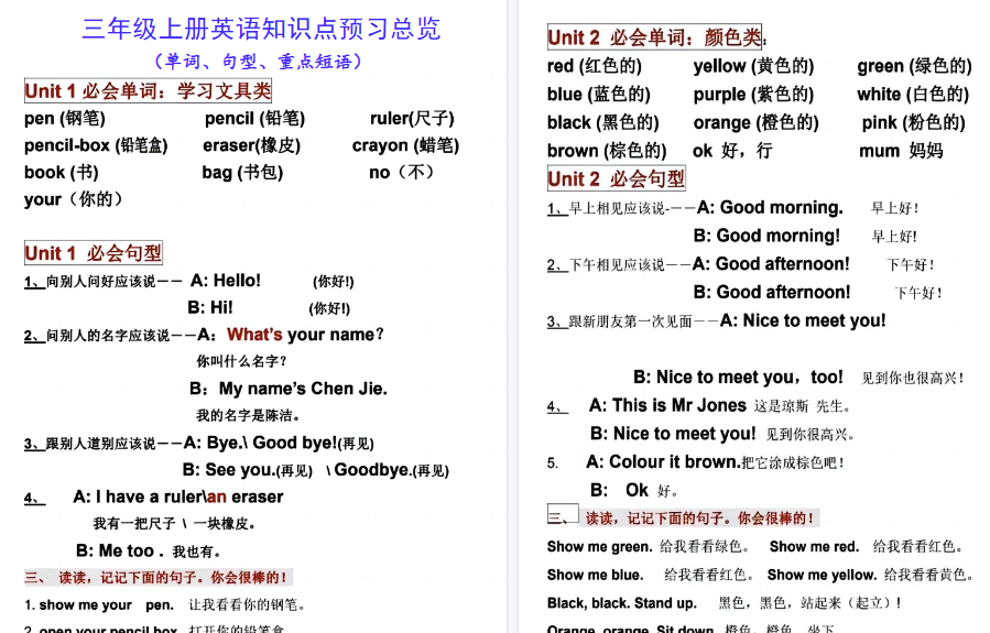 【4页高清完整版】三上【知识点预习总览】三上英语-免费学习资料下载 - 开学吧
