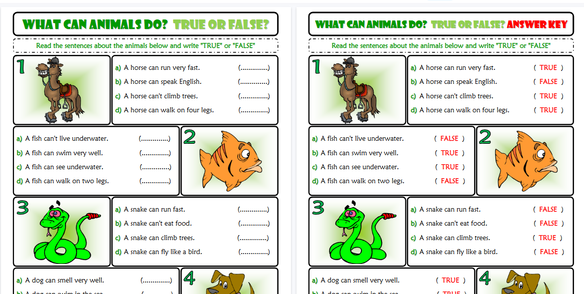 【2页高清彩色版】ability and inability true or false esl exercise worksheet for kids【完整可直接打印】语法作业纸63套-教学网