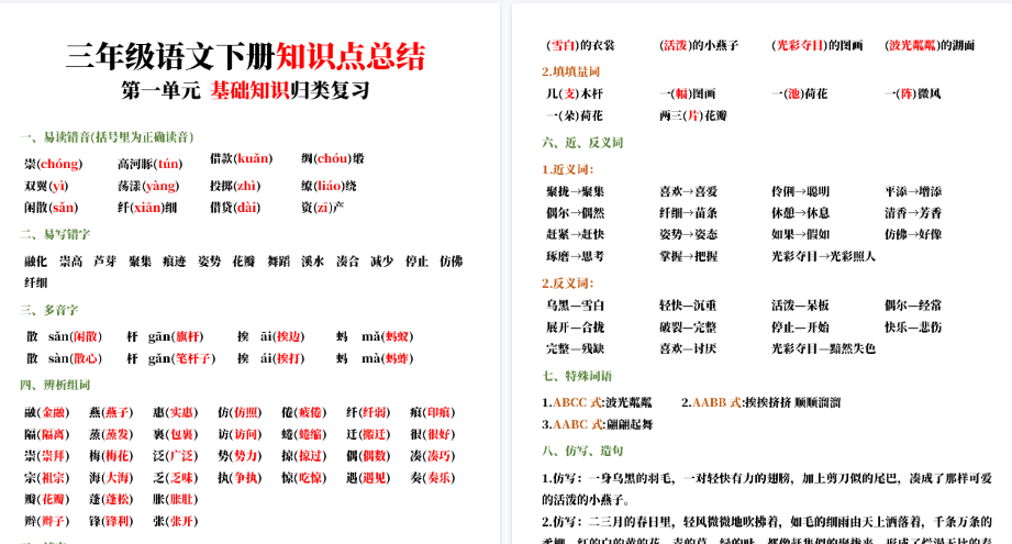 【27页高清完整版】三年级语文下册基础知识归类复习-免费学习资料下载 - 开学吧