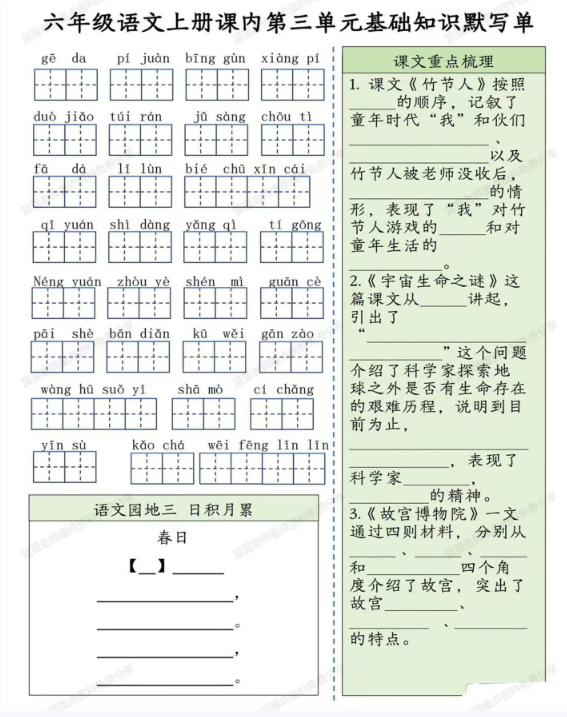 【精品】六年级《基本知识默写单》-教学网