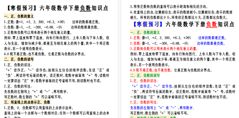 【2026寒假3页】六年级数学下册负数知识点-免费学习资料下载 - 开学吧