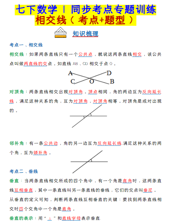 七年级数学下册:相交线(考点+题型)同步考点专题训练-教学网