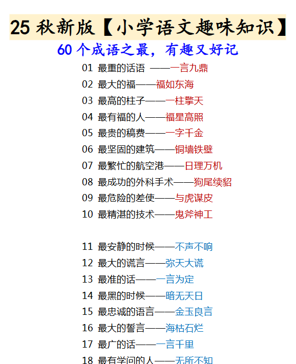 【2025秋新版】【小学语文趣味知识】 60个成语之最,有趣又好记-教学网