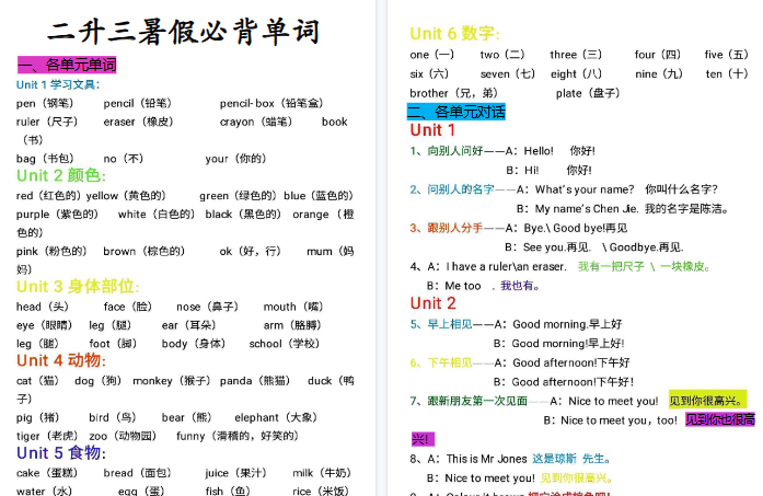 【6页高清完整版】二升三英语暑假必背单词、句子、重点句型-教学网