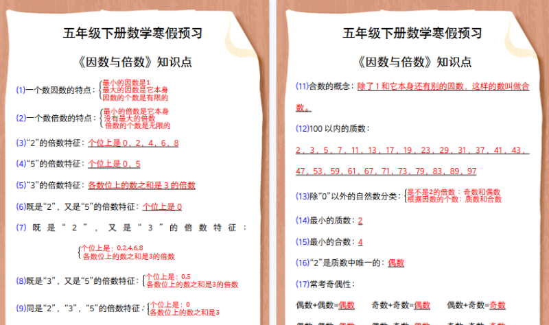 【2026寒假4页】五年级下册数学寒假预习 《因数与倍数》知识点-免费学习资料下载 - 开学吧