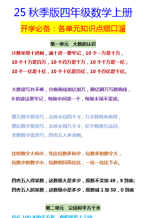 【2025秋新版】四年级数学上册 开学必备：各单元知识点顺口溜-教学网